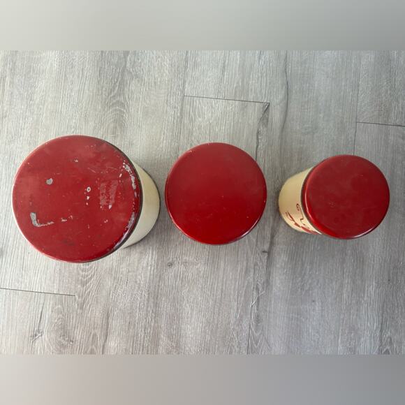 Vtg Retro MCM Nesting Metal Canisters Fruit Grapes Flower biege yellow Set Of 3 - Picture 7 of 11